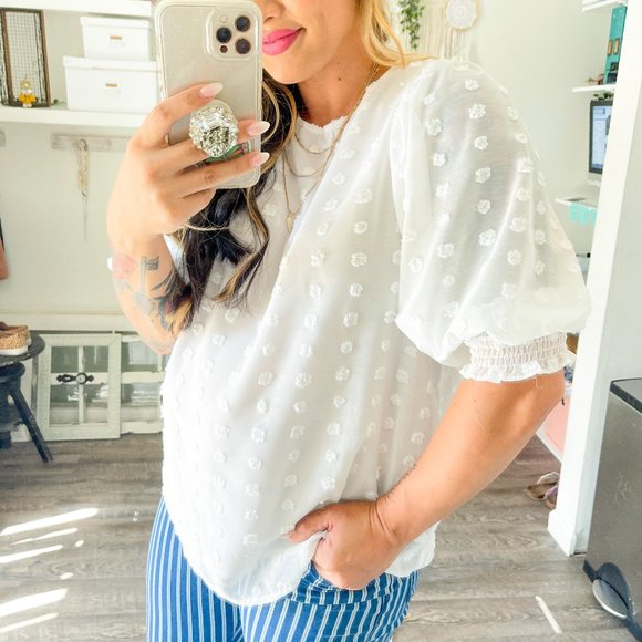 The House Of Gentry Tops - White Swiss Dot Puff Sleeve Blouse